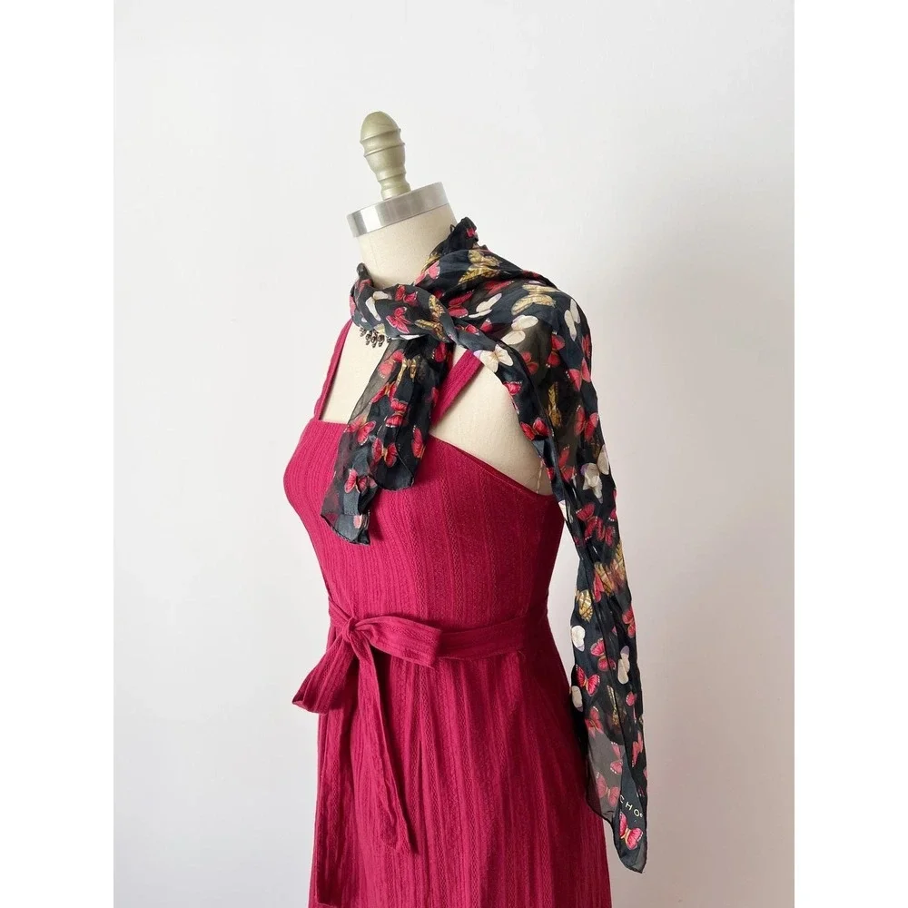 Echo Scarf Black Red Gold Butterfly Print 100% Silk Sheer Lightweight